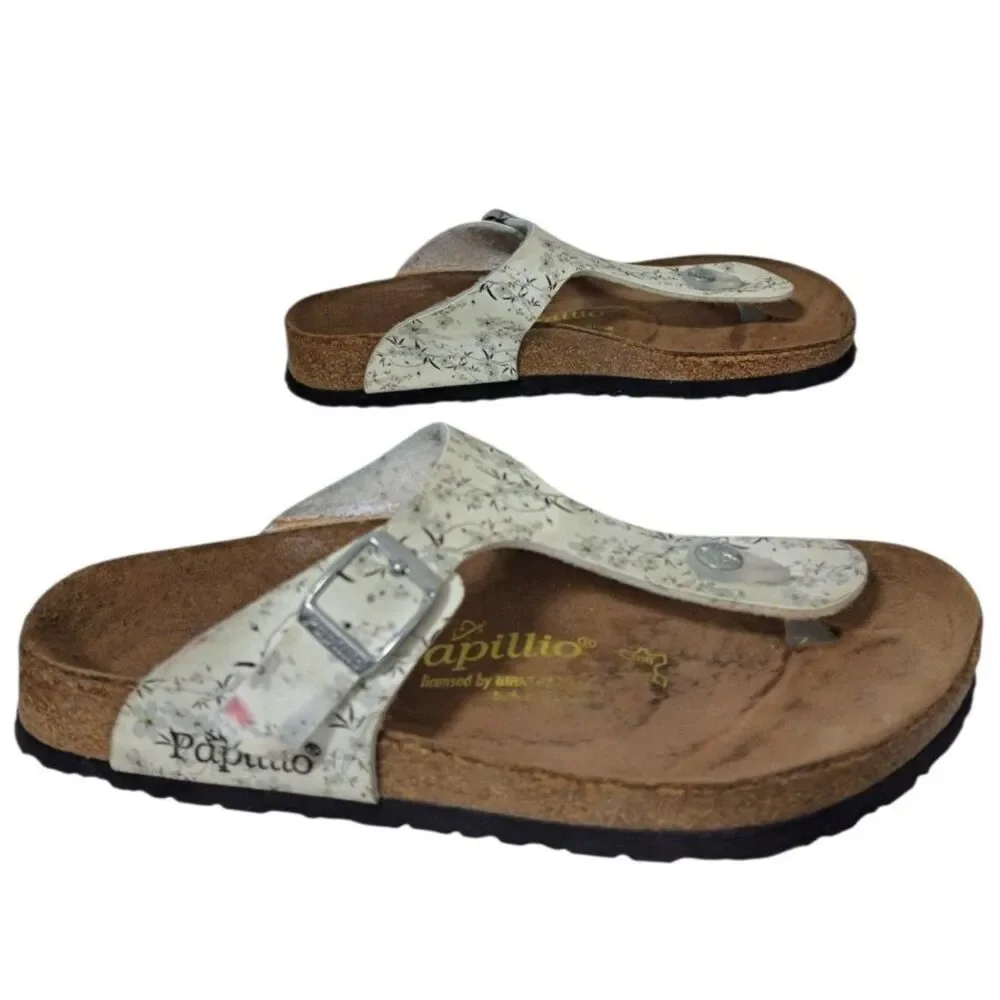Birkenstock Papillio Women's Gizeh  White Gray Black Floral Comfort Sandals 38